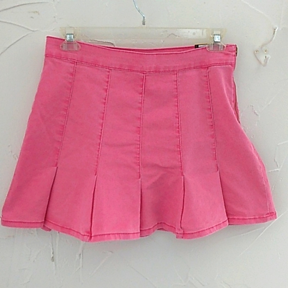 Y2K Pink Peplum Denim Pleated Mini Skirt Size 32 Waist Preppy Mean Girls Coquett